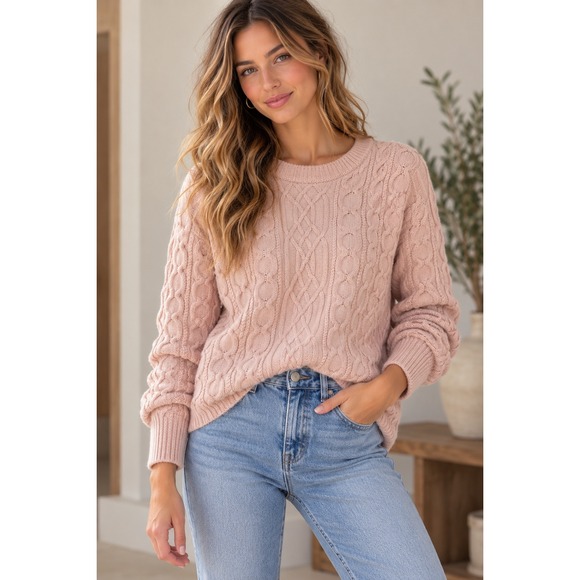 Amour Vert Sweaters - Amour Vert 100% Wool Cable Knit Sweater Women M Pink Fisherman Crewneck Preppy